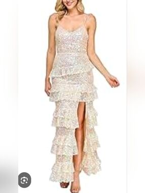 Say Yes To The Prom sequined, tiered, full-length formal gown spaghetti straps 9